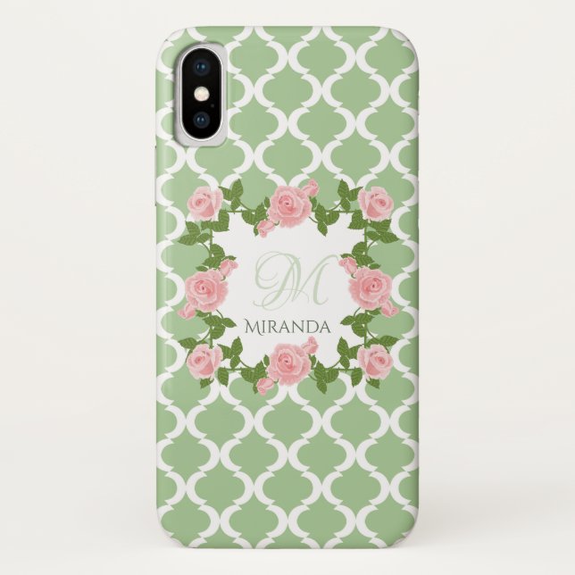 Coques Case-Mate iPhone Monogramme rose rose du Quatrefoil vert du Nil (Dos)