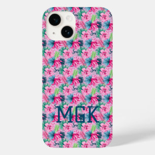 Coque Pour iPhone 14 Monogramme rose vert bleu floral brillant Tropical