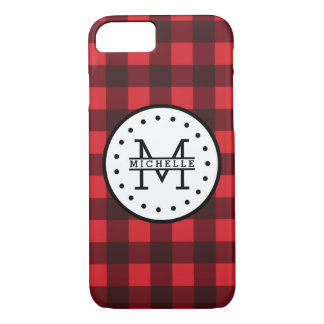 Coques Pour iPhone Monogramme rouge de nom de bûcheron de plaid de