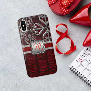 Coques Pour iPhone Monogramme rouge élégant en argent