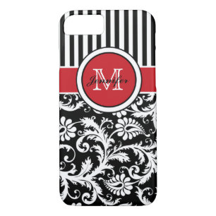 Coque iPhone 7 Monogramme rouge noir blanc rayé Damas