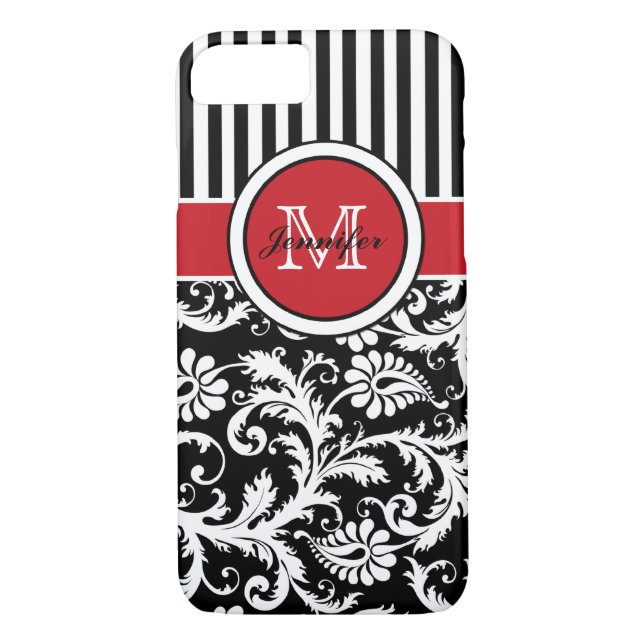 Coques Case-Mate iPhone Monogramme rouge noir blanc rayé Damas (Dos)