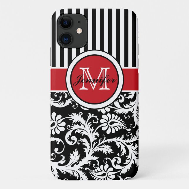 Coques Case-Mate iPhone Monogramme rouge noir blanc rayé Damas (Dos)