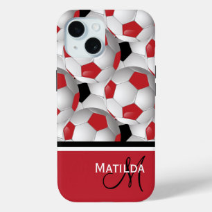 Coque Pour iPhone 15 Monogramme Rouge noir Motif de balle de soccer