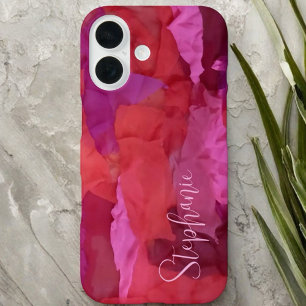 Coque Pour iPhone 16 Monogramme rouge rose abstrait nom simple