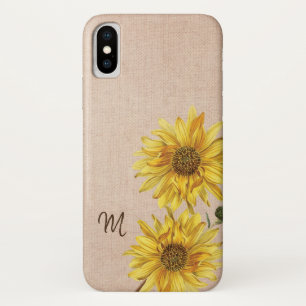 Coque iPhone X Monogramme Rustique Burlap et Sunflower