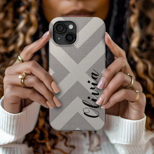 Coque Pour iPhone 15 Monogramme rustique gris X Chevron