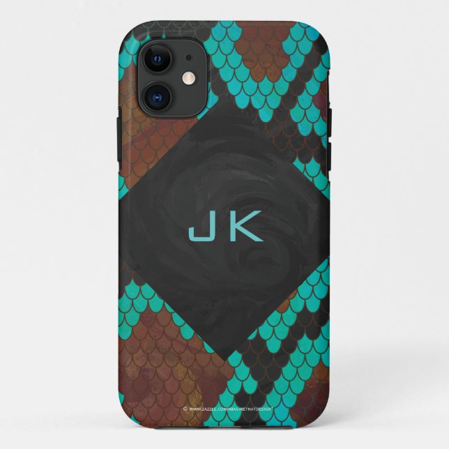 Coques Case-Mate iPhone Monogramme serpent impression Brown et Turquoise (Dos)