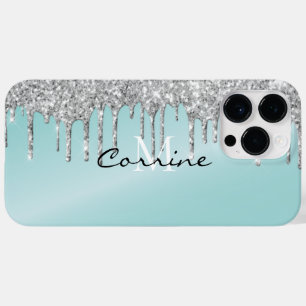 Coque Pour Pour iPhone 14 Pro Max Monogramme Silver Aqua Bleu Parties scintillant Dr