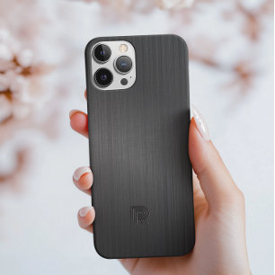 Coque Pour iPhone 14 Pro Monogramme simple Texture d'aluminium brossé noir