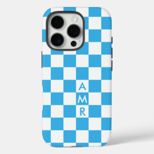 Coques iPhone 16 Pro Monogramme Sky Blue À damiers Motif