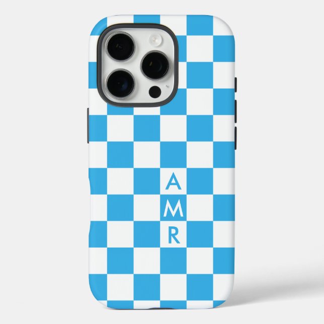 Coques Case-Mate iPhone Monogramme Sky Blue À damiers Motif (Verso)