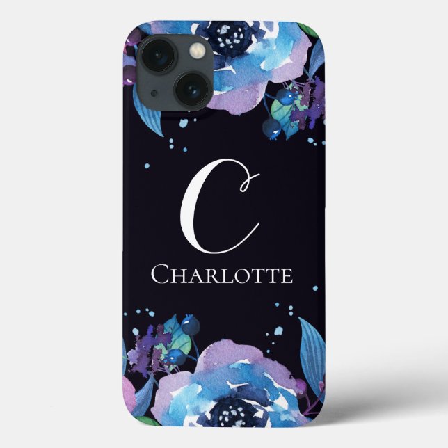 Coques Case-Mate iPhone Monogramme sur Bleu foncé avec Fleurs Bleues Viole (Verso)