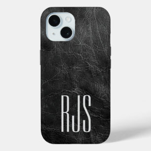 Coque Pour iPhone 15 Monogramme sur cuir noir