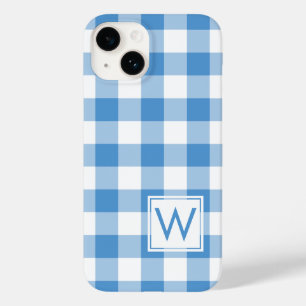 Coque Pour iPhone 14 Monogramme sur le plaid de Buffalo bleu clair et b