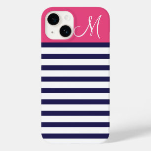 Coques Pour iPhone Monogramme sur mesure bleu marine et rose Preppy