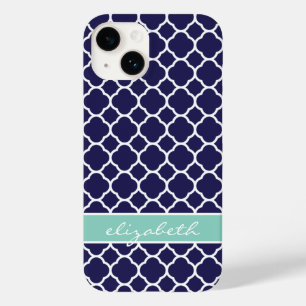 Coques Pour iPhone Monogramme sur mesure de Quatrefoil bleu marine et