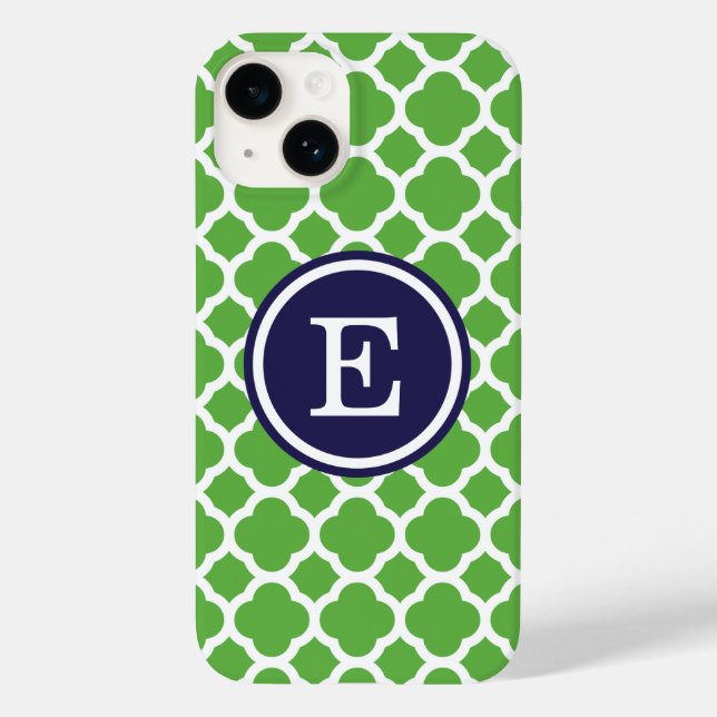 Coques Case-Mate iPhone Monogramme sur mesure de Quatrefoil vert et marine (Verso)