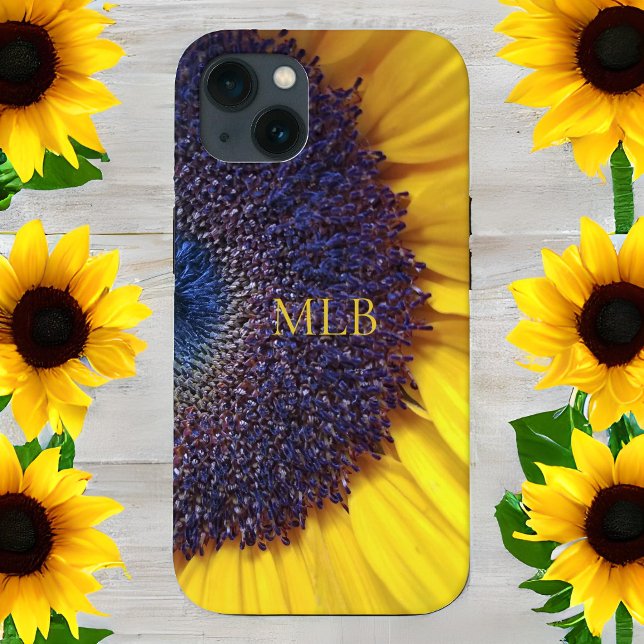 Coques Case-Mate iPhone Monogramme Tournesol jaune Closeup avec initiales (Créateur téléchargé)