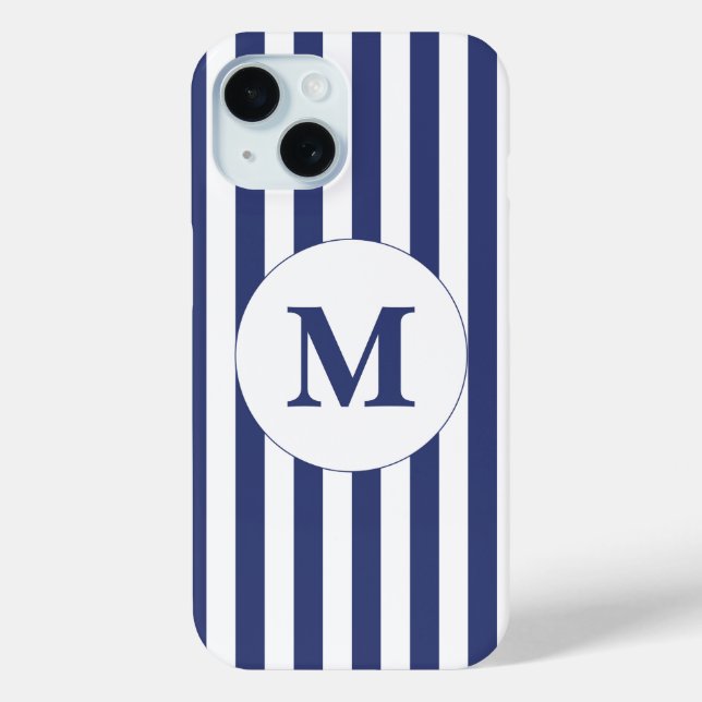 Coques Case-Mate iPhone Monogramme traditionnel à rayures bleu foncé et bl (Verso)