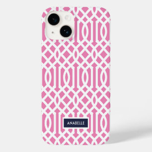 Coque Pour iPhone 14 Monogramme Treillis Navy et Rose