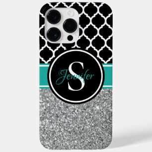 Coque Pour Pour iPhone 14 Pro Max Monogramme Treillis Noir et Blanc Paillettes Argen