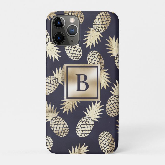 Coques Case-Mate iPhone Monogramme Tropical Ananas Girly Gold Navy (Dos)