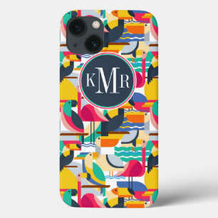 Etui iPhone 13 Monogramme tropical géométrique des oiseaux