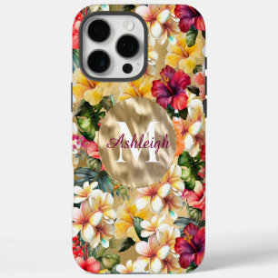 Coques iPhone 16 Pro Max Monogramme Tropical Rouge Jaune Hibiscus Fleurs
