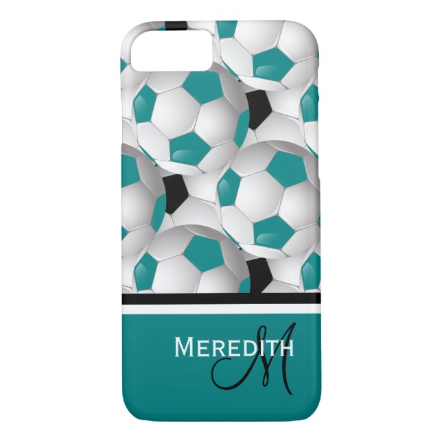 Coques Case-Mate iPhone Monogramme Turquoise Black Soccer Motif de balle (Dos)