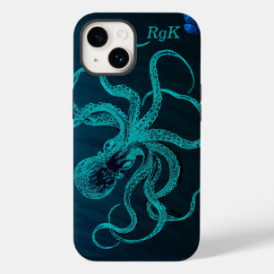 Coque Pour iPhone 14 Monogramme Turquoise et Octopus bleu