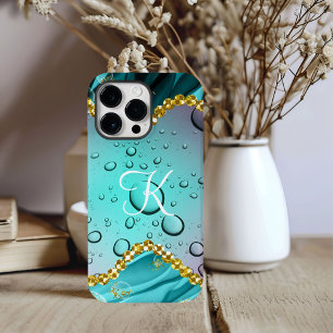 Coque Pour Pour iPhone 14 Pro Max Monogramme Turquoise Foil Gold Trim Imaginaire Rai