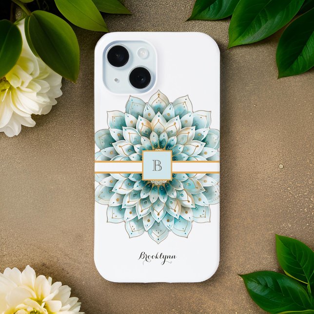 Coques Case-Mate iPhone Monogramme Turquoise Gold Flower Mandala (Créateur téléchargé)