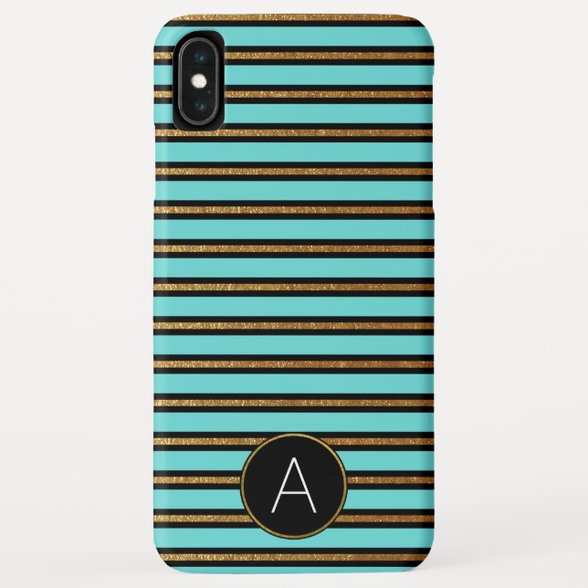 Coques Case-Mate iPhone Monogramme Turquoise, Noir et Or Foil strié (Dos)