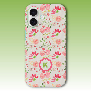 Coque Pour iPhone 16 Monogramme végétal rose et vert