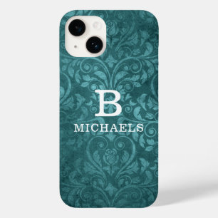Coque Pour iPhone 14 Monogramme Vert Damassé Fleurs Nom Personnalisé