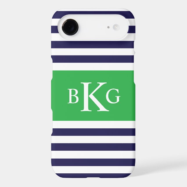 Coques Case-Mate iPhone Monogramme vert de rayures de marine (Verso)