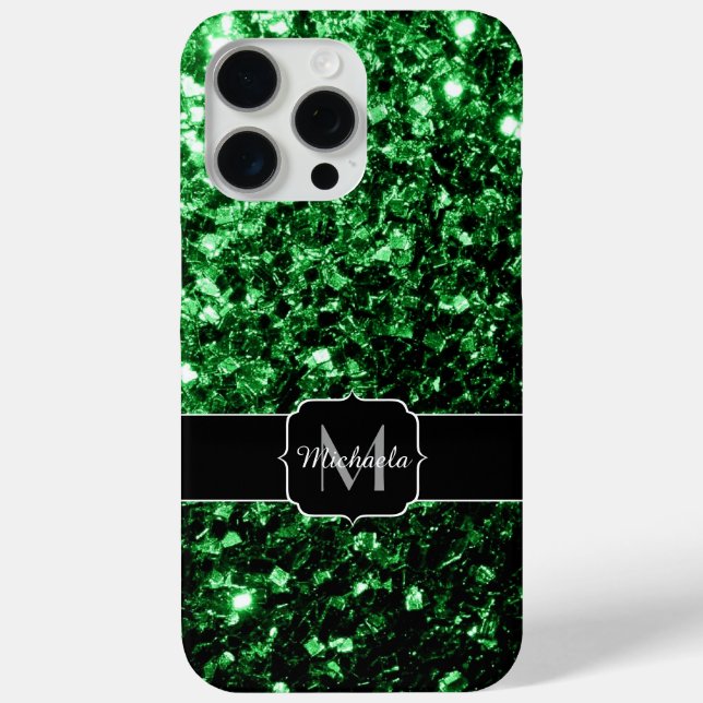 Coques Case-Mate iPhone Monogramme vert foncé faux parties scintillant sci (Verso)