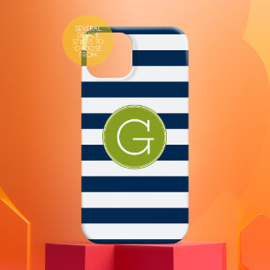 Coque Pour iPhone 14 Monogramme vert Motif rayé blanc et marine