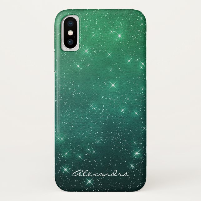 Coques Case-Mate iPhone Monogramme Vert Ombre Étoiles Étoiles Minuit Ciel (Dos)