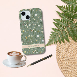 Coque Pour iPhone 15 Monogramme Vert Sauge Jaune Blanc Fleurs Sauvages