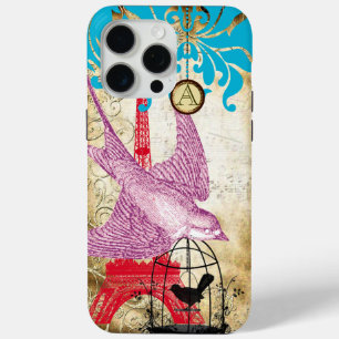 Coque iPhone 15 Pro Max Monogramme Vintage Bird Effiel Tower Damask iPhone