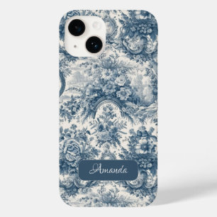 Coque Pour iPhone 14 monogramme vintage fleuri Blue toile de jouy