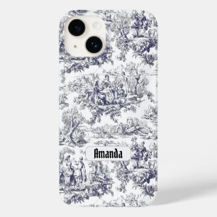 Coque Pour iPhone 14 monogramme vintage floral noir toile de jouy