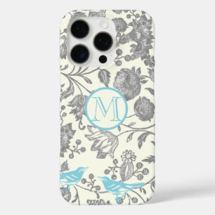 iPhone 16 Pro Case Monogramme Vintage Oiseau Gris Ivoire Aqua Bleu