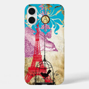 Coques iPhone 16 Plus Monogramme Vintage Oiseaux Effiel Tour Damassé iPh