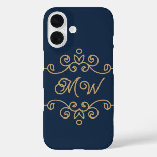 Coque Pour iPhone 16 Monogramme vintage or et bleu marine Élégant