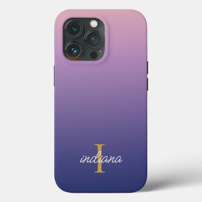 Coques Case-Mate iPhone Monogramme Violet Bleu Ombré Style Nom Script (Verso)