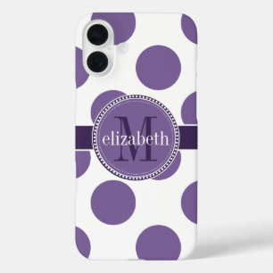 iPhone 16 Plus Case Monogramme violet et blanc des grands Pois