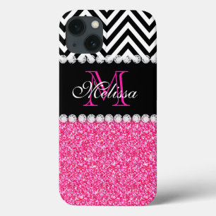 iPhone 13 COQUE MONOGRAMMED DE CHEVRON NOIR DE GLITTER ROSE